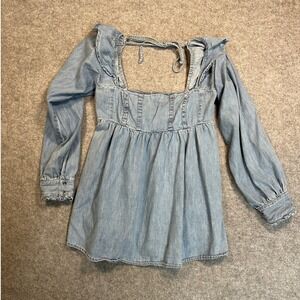 Free People Babydoll Denim Top XS Blue Ruffle Square Neck Smocked Back